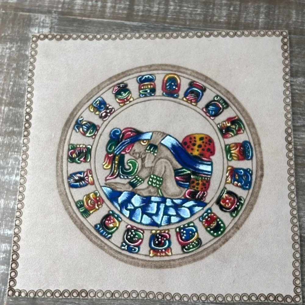 Vintage Mayan Hand Painted Calendar on Suede Signed Mexico Tribal Art Decor